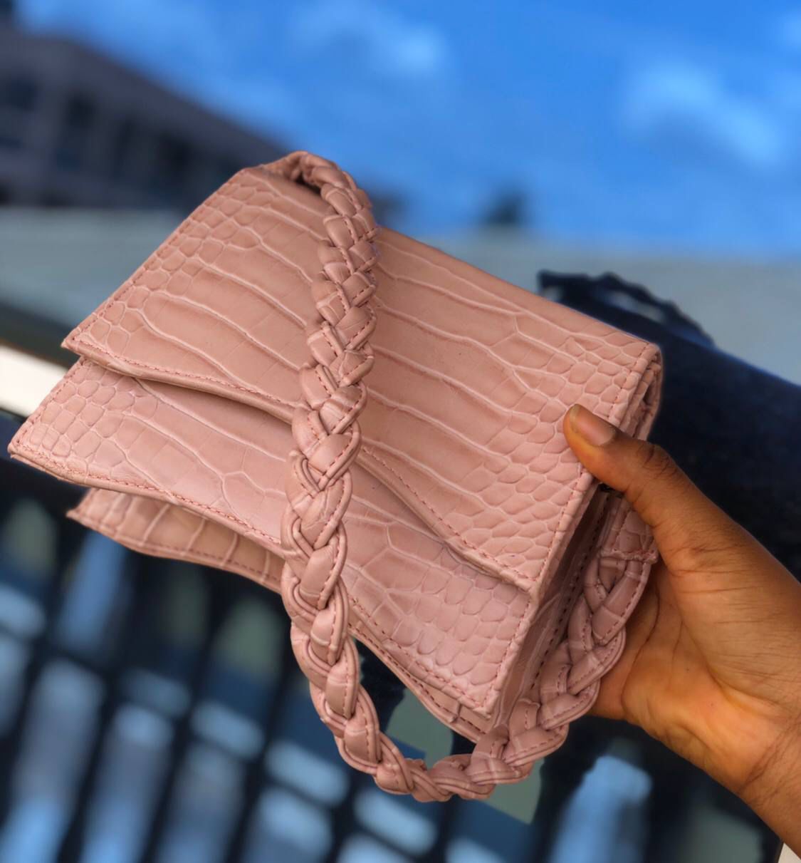 Structured crocs mini handbag with weaved handle